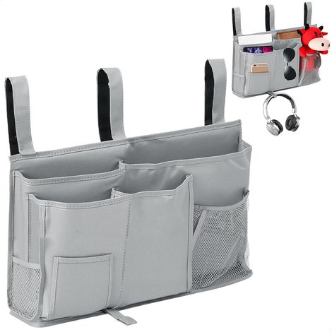 Poche Rangement Lit, Panier Suspendu Rangement 8 Poches, Tablette Lit Mezzanine en Toile, Porte Document Mural pour Magazine, Téléphone, Stylos, Télécommande, Gris 50 30 10cm (1/5)