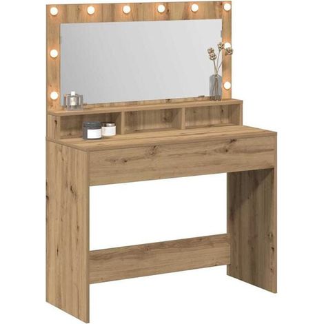 Coiffeuse en Bois Massif Chêne avec Miroir et 4 Tiroirs, Table de Maquillage Style Rustique pour Chambre, 100 x 41 x 135 cm (1/5)
