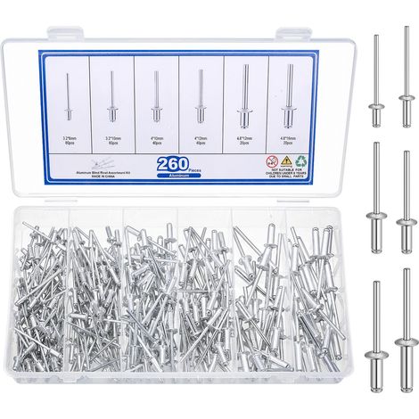 260 Pièces Rivets Pop, Rivets Aveugles à Bride avec Mandrin Arbre, Rivets Aveugles en Aluminium, Rivet à Tête Plate à Bride pour Métal Bois Plastique, (M3.2x6/10 mm, M4x10/12 mm, M4.8x12/16 mm) (1/5)