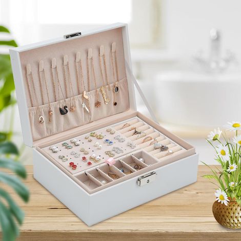Randaco Boîte à bijoux Coffret à Bijoux Rangement Organiseur à double couche avec serrure Blanc Coffret Bijoux Verrouillable Jewelry Stockage