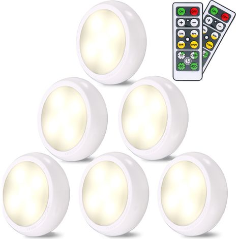 (Blanc) Spot mural LED pour armoire, avec télécommande sans fil, lot de 6, idéal comme veilleuse pour escaliers, miroirs et vitrines de cuisine. (1/5)