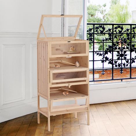 Cage à hamster en bois massif avec toit ouvrant, 4 étagères et rampes reliées entre elles, 60 x 40 x 120 cm