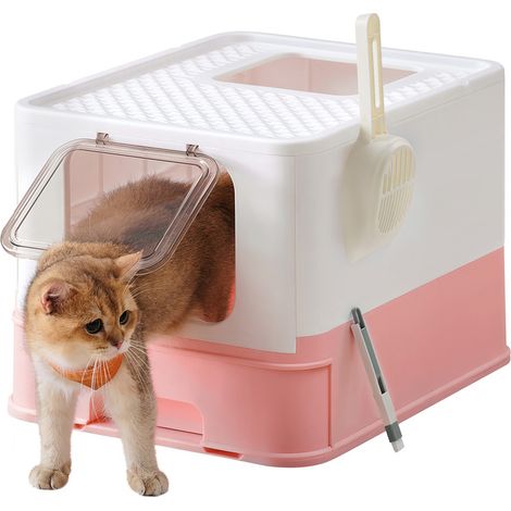 Bac à Litière Fermé pour Chat, Maison de Toilette, Plateau Amovible, Pelle, Brosse, pour Grand Chat, Capacité de Charge 15 kg, Anti-Traces, Anti-fuites, Blanc et Rose Bonbon (1/5)