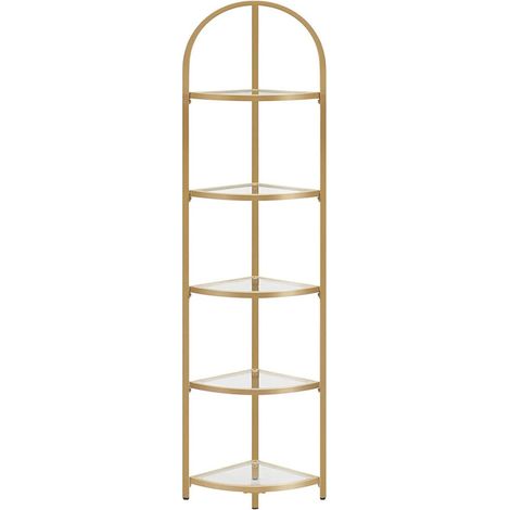 Scaffale angolare a 5 livelli Libreria con struttura in metallo Scaffale in vetro temperato antiruggine Soggiorno Camera da letto Cucina Bagno Moderno 158 cm Oro 120003487