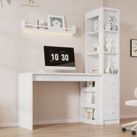 Escritorio combinado con librería, almacenamiento lateral, 3 cajones, MDF blanco (1/5)