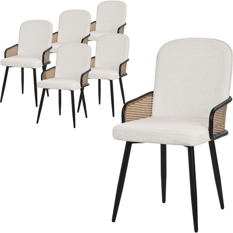 ML-Design Lot de 6 Chaises de Salle à Manger en Tissu Beige, Accoudoirs en Rotin et Pieds en Métal Noir, Assise Rembourrée Confortable, Fauteuils Ergonomiques de Cuisine ou Salon, Style Scandinave (1/5)