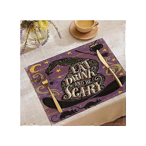 Halloween-Tischsets aus Leinen, Serie „Süßes oder Saures“, Kombinations-Tischsets, Restaurant-Festtagsdekoration, Geschirr-Isolierunterlagen (YMCD-26)