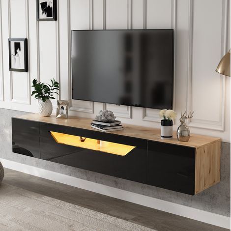 Mueble TV suspendido 180 x 37 x 36 cm con LED, negro y color madera natural HAVRYA (1/5)
