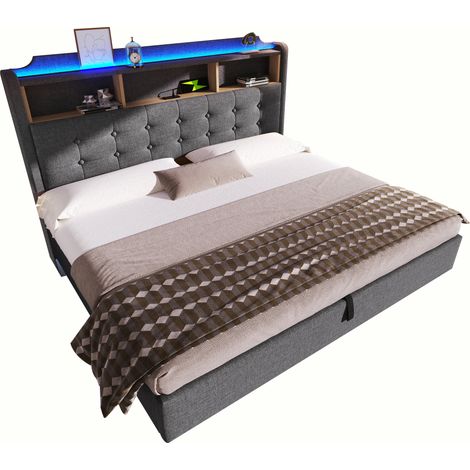 Lit coffre hydraulique 180x200 cm, tête de lit lumineuse LED, design flottant, rangements intégrés, ports USB et Type-C, tissu lin, sans matelas inclus (1/5)
