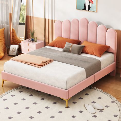 Cama tapizada 140x200 cm rosa, MDF y terciopelo - cabecero ajustable (1/5)