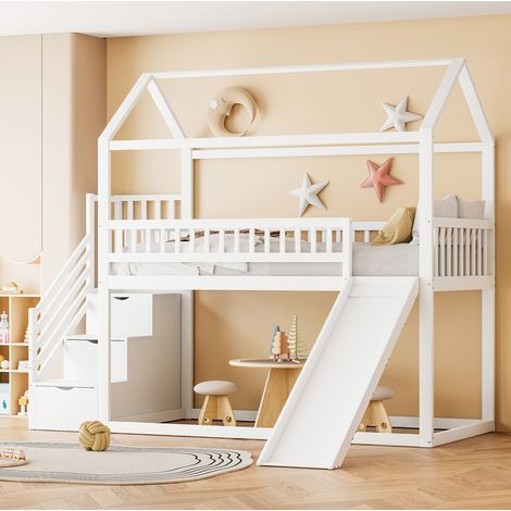 Cama alta infantil 90x200 cm de madera blanca con tobogán, escalera con almacenaje y somier de láminas (1/5)