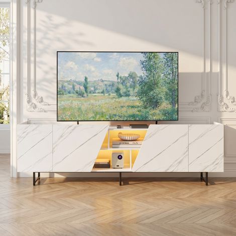 Meuble TV 220 cm, avec Éclairage LED, Portes Inclinées & Espace Ouvert, finition imitation marbre, style moderne et épuré (1/5)
