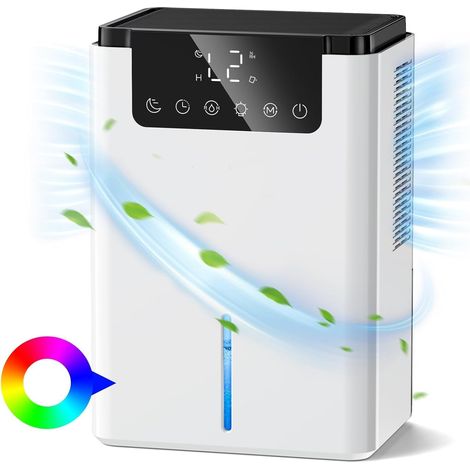 Deumidificatore d'aria da 2500 ml, deumidificatore antimuffa, deumidificatore portatile con sbrinamento automatico, modalità sospensione, LED colorati, timer per bagno, camera da letto, guardaroba (1/5)