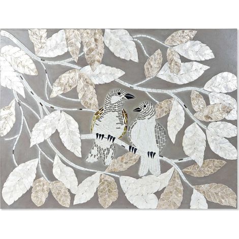 Tableau Oiseau en verre ornement feuilles beige gris - Tons beige et gris avec motif nature (1/3)