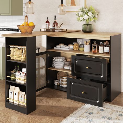 Sideboard 138-204 x 39 x 104 cm Schwarz mit Glasfront, 2 Schubladen und Drehfunktion (1/5)