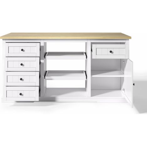 Isola cucina bianca in MDF 150x65x75,5 cm con 5 cassetti e piano ribaltabile (1/5)