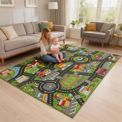 Tappetino per gattonare, tappetino da gioco 200x150x0,5 cm, coperta antiscivolo con lato inferiore antiscivolo, motivo città per la cameretta dei bambini