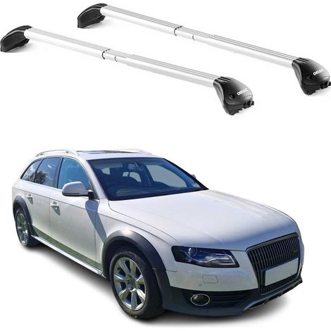 OMAC Barres de toit transversales certifiées TÜV pour Audi A4 B8 Allroad 2009-2016 – Verrouillables (4 antivols) – Charge max 100 kg – Sangle inox + protection caoutchouc Argent (1/5)