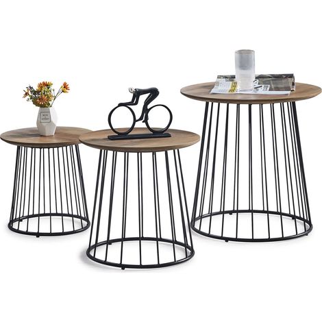 Designetsamaison – Lot de 3 tables basses rondes en bois – Largeur 34/40/50 cm – Hauteur 34/40/50 cm – Structure corbeille noire en métal (1/2)