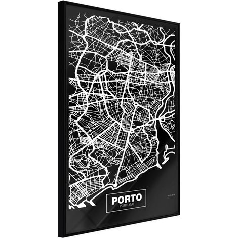Affiche Murale Encadrée "City Map Porto Dark" 30 x 42 cm Noir