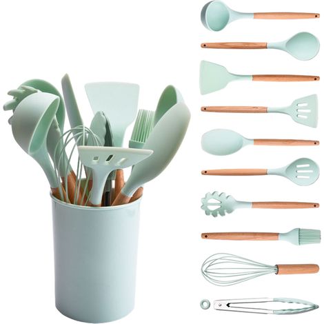 Ensemble d'ustensiles de cuisine en silicone, ustensiles de cuisine antiadhésifs, cuillère, spatule, louche, fouet à œufs, accessoires (vert, 12 pièces)