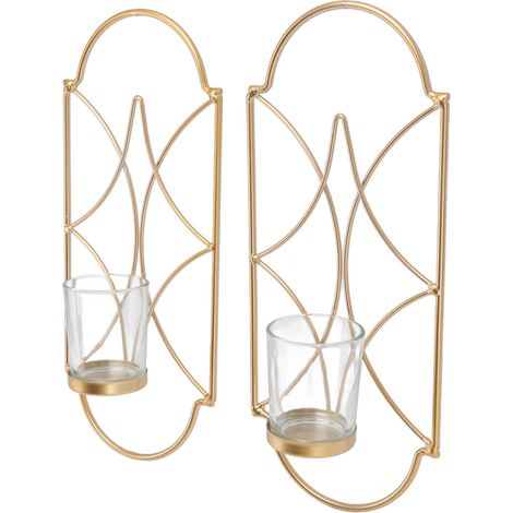 2 Pièces Support de Bougie Murale en Fer et Verre, Applique Décorative Dorée pour Salon et Chambre