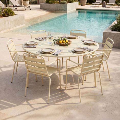 Ensemble table jardin 180 cm + 6 fauteuils en métal crème - BACA (1/5)