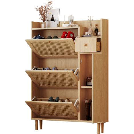 Meuble à chaussures matériau bois décor rotin adapté aux entrées étroites, 3 volets et 1 tiroir, pieds et poignées bois massif, dimensions L90 x H125 x P17 cm (1/4)