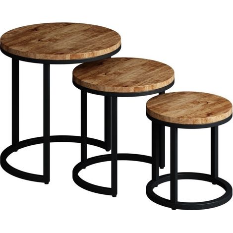 Table basse PLATO – Lot de 3 tables gigognes rondes effet bois mangolia (1/5)