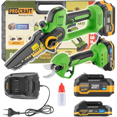 Set di attrezzi da giardino a batteria Procraft PA168SET 20 V: mini motosega a batteria PKA35Li + potatore a batteria ES25Li + 2 batterie da 2,0 / 4,0 Ah + caricabatterie + valigetta (1/5)