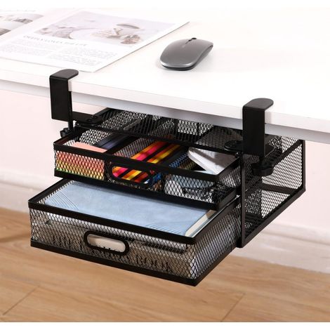 Étagère de rangement coulissante à double niveau sous le bureau d'ordinateur, sans perçage, noire. (1/5)