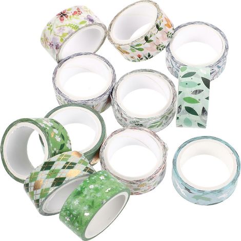 Ruban adhésif décoratif Washi Tape, idéal pour le journaling et l'emballage cadeau, 12 rouleaux, motif floral vert. (1/5)