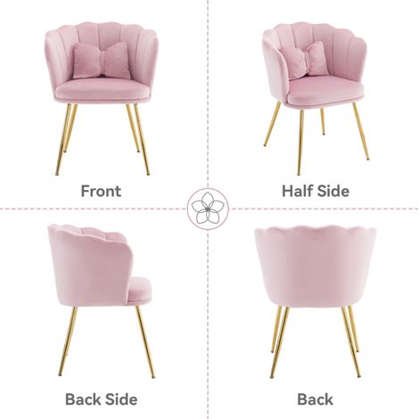 Fauteuil en velours rose 63 x 58 x 77 cm, dossier en forme de pétale, pieds en métal doré, coussin et patins réglables pour salon ou chambre – de FLORAGRACE (1/5)