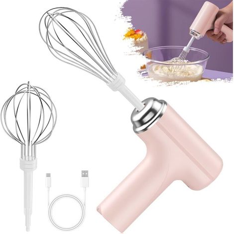 Batteur Électrique Sans Fil USB 3 Vitesses - Fouet à Main avec 2 Têtes en Acier Inoxydable Amovibles pour Cuisine, Pâtisserie, Œufs - Rose (1/5)