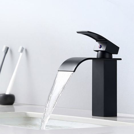 Auralum Rubinetto Bagno Lavabo a Cascata Nero, Rubinetto Lavabo Monocomando per Bagno con bocca a cascata (larghezza 60 mm), Risparmio idrico, Regolazione a Caldo e Freddo
