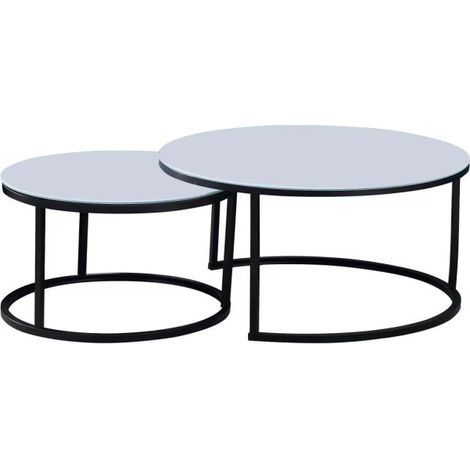 Lot 2 Tables Basses Gigognes ARTO Rondes Plateau Verre Trempé Blanc Métal Noir D80/D60 (1/5)