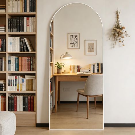 Miroir de sol arqué pleine longueur avec cadre en aluminium, miroir de coiffeuse complet avec cadre en aluminium, miroir de coiffeuse complet à suspendre ou pencher, pour chambre à coucher (1/5)