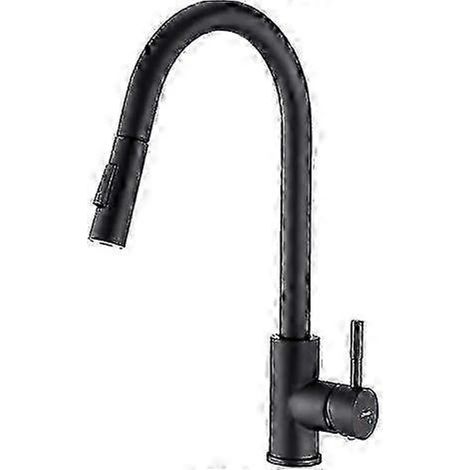 Robinet de cuisine noir mat avec bras de douche extensible, mitigeur rotatif à 360° en acier inoxydable, 2 fonctions et aérateur économique.