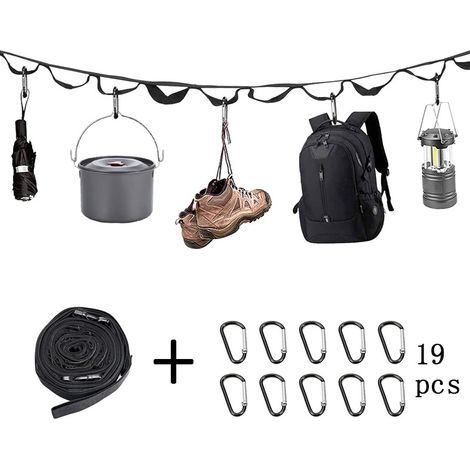 4,5 Meter Campingseil mit 19 Karabinern als Schlüsselanhänger, tragbares Hängeseil mit Haken für Camping, Wandern, Outdoor-Zeltzubehör