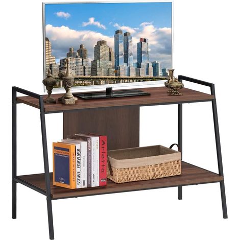 COSTWAY Meuble TV, Table Console 89 x 43 x 60 CM, Console Meubles, Meuble Multimédia en Bois à 2 Niveaux, pour Téléviseurs Jusqu'à 81,2 CM, Capacité de Poids Total 35 KG, Noyer (1/5)