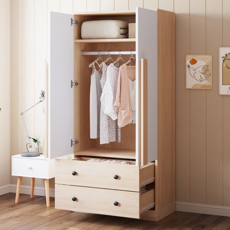 Armario 70x40x170 cm, 2 puertas, 2 cajones, blanco y madera, paneles de madera, FloraGrace (1/5)