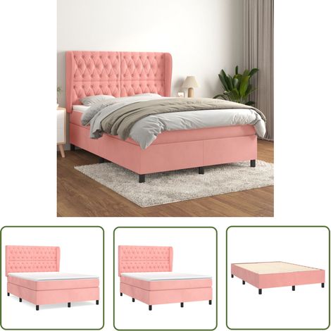 The Living Store Sommier à lattes de lit avec matelas Rose 140x190 cm Velours - Lit Tapissier - Lit Velours - Lit Double - Literie - Chambre À Coucher (1/5)