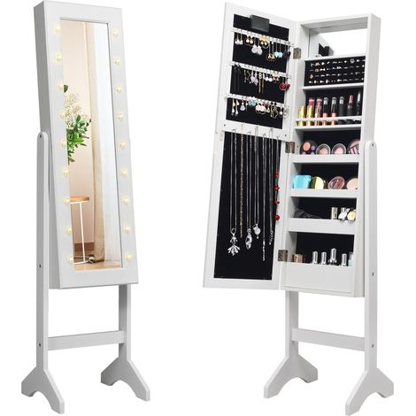 Mobile portagioielli indipendente 35 x 31,5 x 145 cm angolazione regolabile con 18 LED design moderno in MDF bianco 200014868