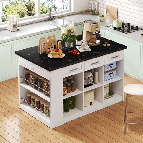 Îlot de cuisine 150x90x90 cm avec table extensible 80x96 cm, rangements intégrés, MDF blanc marbre blanc (1/5)