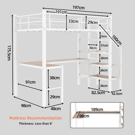 Lit mezzanine avec bureau en L, mesurant 90 x 190 cm, offrant un grand espace de rangement et des étagères. La structure de lit stable est équipée d'un escalier et de barrières de sécurité continues, (1/4)