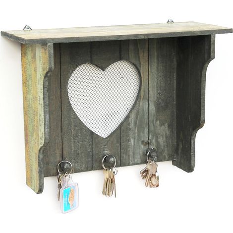 DanDiBo Schlüsselleiste mit Ablage Holz A12020 Wandregal mit Herz Schlüsselregal Schlüsselbrett Schlüsselboard Schlüsselhaken Wandkosole Vintage Shabby Hakenleiste Regal Briefablage