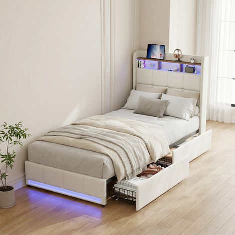 Lit 90x200 avec 2 tiroirs, lit simple, lit adulte capitonné,  tête de lit de rangement, sommier à Lattes, LED RGB, interface USB/C, lin - Beige (1/5)