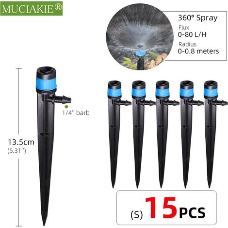 (Lot de 15) 24 types d'arroseurs de jardin avec piquet, goutteurs à réfraction à atomisation réglable, buses à vortex, raccord cannelé 1/4'' (1/5)