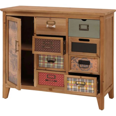 Commode style apothicaire meuble de rangement avec tiroirs et porte style vintage shabby 80 x 91 x 40 cm en bois finition naturelle 040009117 (1/5)