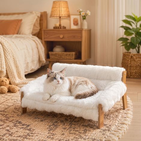 Canapé Chien Chat Lit Surélevé Bois, Coussin Peluche Amovible, 70x47x30 cm, Blanc (1/5)